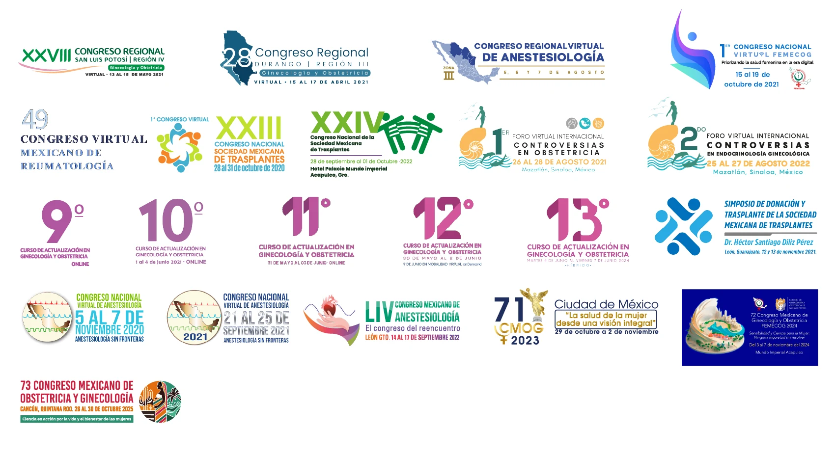 Logotipos de congresos virtuales y presenciales realizados por Iddeas Creative Mkt: Congreso Nacional de Ginecología y Obstetricia, Congreso Regional de Anestesiología, Congreso Mexicano de Reumatología, Congreso Nacional de la Sociedad Mexicana de Trasplantes y Foro Virtual Internacional Controversias en Obstetricia