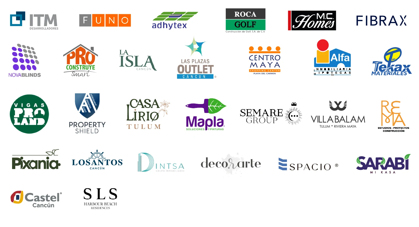 Logotipos de clientes de construcción e inmobiliario de Iddeas Creative Mkt: ITM Desarrolladores, Funo, Adhytex, Roca Golf, MC Homes, Fibrax, Novablinds, Pro Construye Smart, La Isla Cancún, Las Plazas Outlet, Centro Maya, Alfa Inmobiliaria, Tekax Materiales, Vigas Proland, Property Shield, Casa Lirio Tulum, Mapla, Semare Group, Villa Balam, Pixania, Los Santos, Dintsa, Decoarte, Spacio, Sarabi, Castel y SLS Harbour Beach Residences