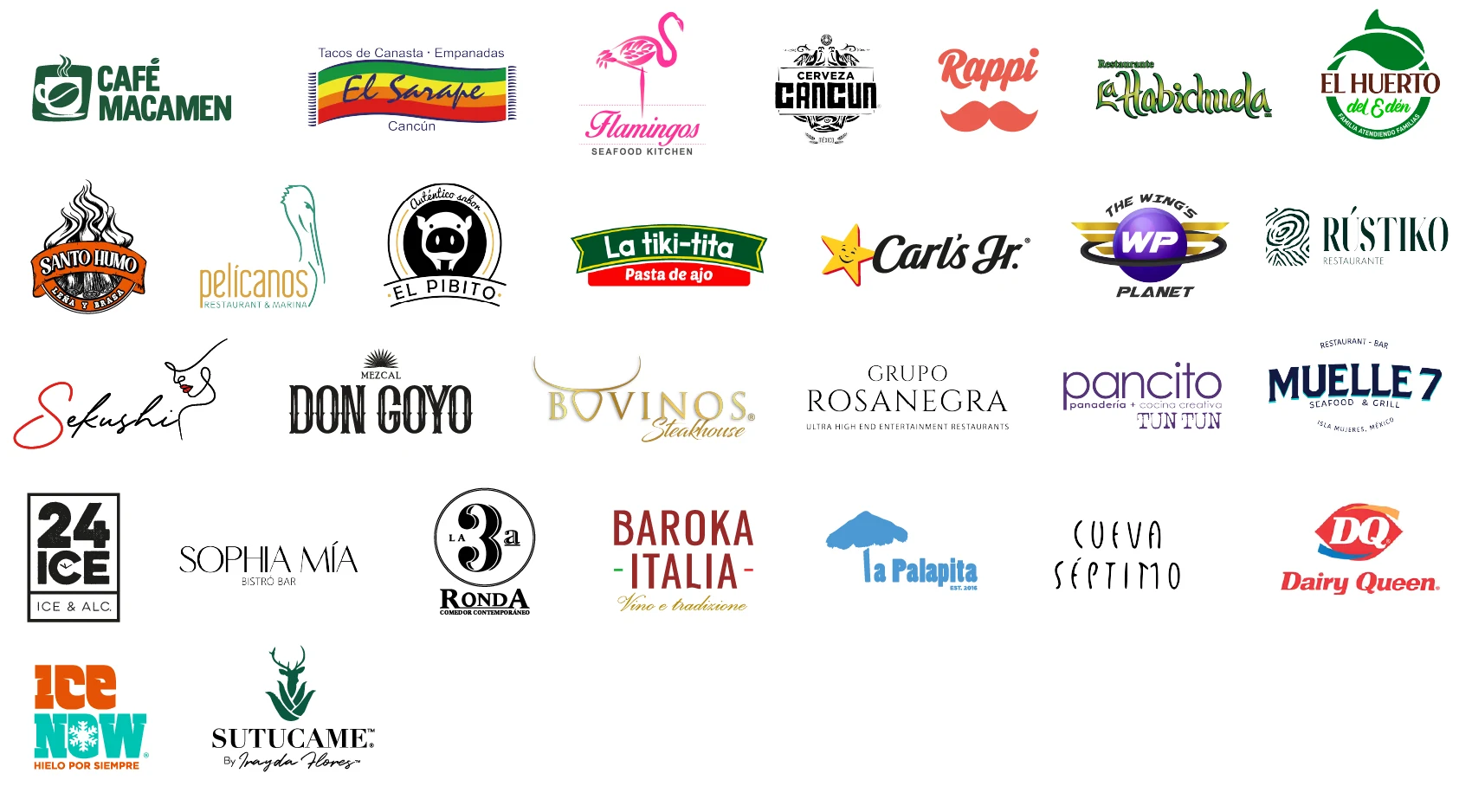 Logotipos de clientes de gastronomía de Iddeas Creative Mkt: Café Macamen, El Sarape, Flamingos Seafood Kitchen, Cerveza Cancún, Rappi, La Habichuela, Santo Humo, Pelícanos, Carl's Jr., Wing's Planet, Don Goyo, Bovinos Steakhouse, Grupo Rosanegra, Muelle 7, Dairy Queen, Ice Now y Sutucame