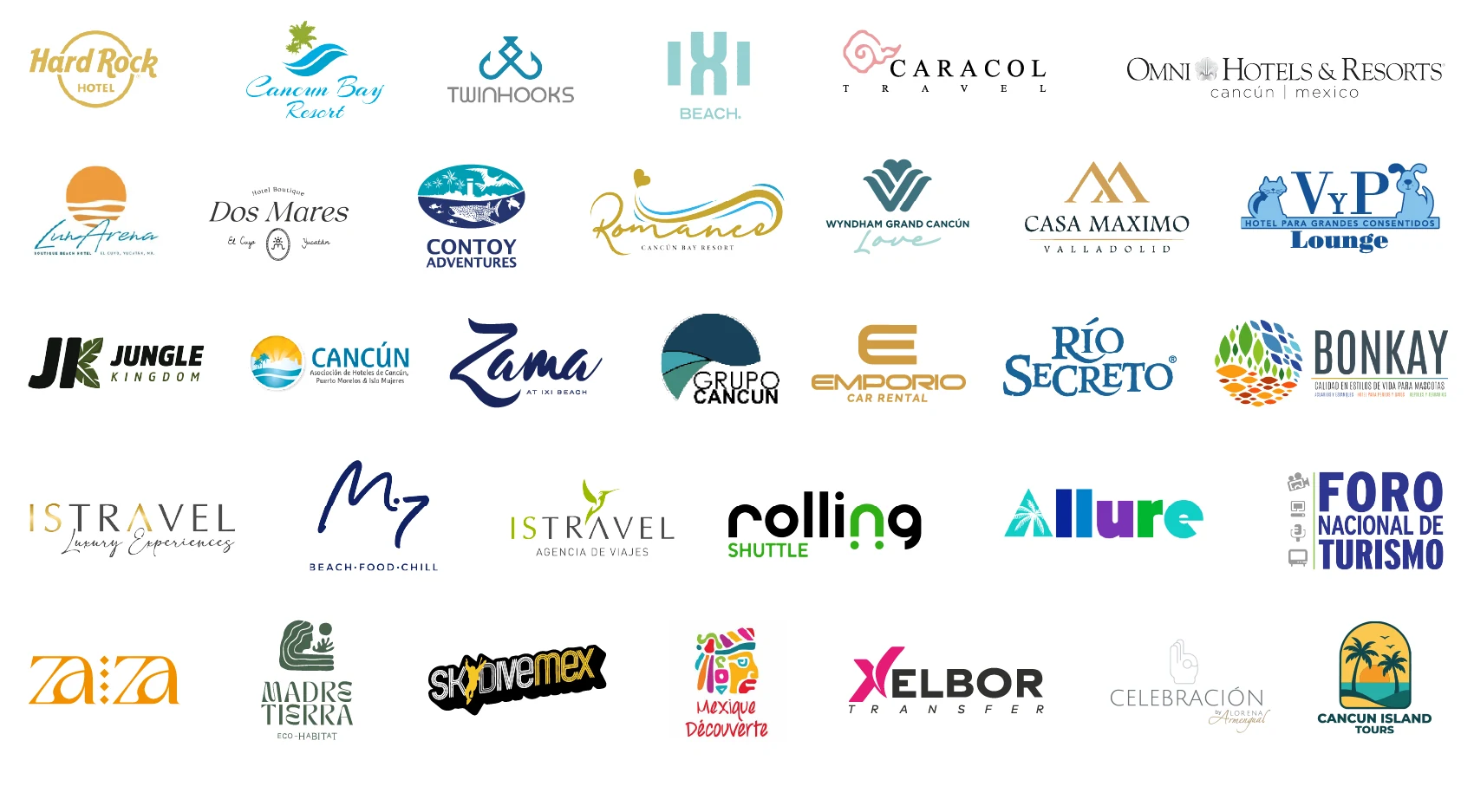 Logotipos de clientes de hotelería y turismo de Iddeas Creative Mkt: Hard Rock Hotel, Cancún Bay Resort, Twinhooks, IXI Beach, Caracol Travel, Omni Hotels & Resorts, Contoy Adventures, Wyndham Grand Cancún, Casa Maximo, Zama, Río Secreto, Bonkay, Allure, Foro Nacional de Turismo y Cancun Island Tours