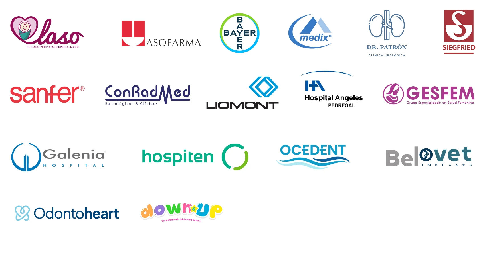 Logotipos de clientes de la industria pharma y salud de Iddeas Creative Mkt: Laso, Asofarma, Bayer, Medix, Dr. Patrón Clínica Urológica, Siegfried, Sanfer, ConRadMed, Liomont, Hospital Angeles Pedregal, Gesfem, Galenia Hospital, Hospiten, Ocedent, Belovet Implants, Odontoheart y Down & Up