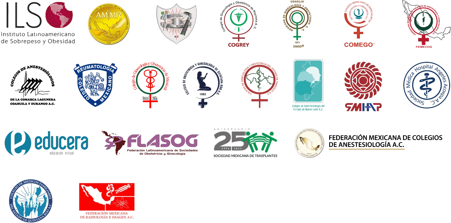 Logotipos de instituciones y colegios clientes de Iddeas Creative Mkt: ILSO, AMMR, FEMECOG, COMEGO, COGREY, Colegio de Anestesiólogos, FLASOG, Sociedad Mexicana de Trasplantes, Federación Mexicana de Colegios de Anestesiología, Colegio de Médicos Familiares de Quintana Roo y Federación Mexicana de Radiología e Imagen