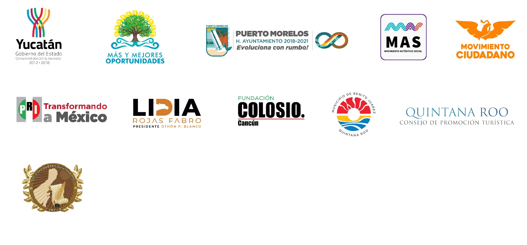 Logotipos de clientes de política y gobierno de Iddeas Creative Mkt: Gobierno del Estado de Yucatán, Más y Mejores Oportunidades, Puerto Morelos, MAS Movimiento Auténtico Social, Movimiento Ciudadano, PRI, Lidia Rojas Fabro, Fundación Colosio Cancún, Benito Juárez, Consejo de Promoción Turística de Quintana Roo y Sociedad Andrés Quintana Roo