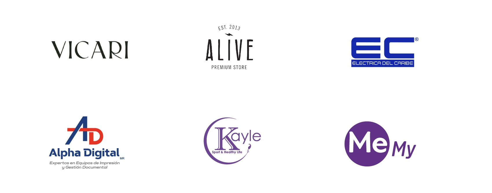 Logotipos de clientes de retail de Iddeas Creative Mkt: Vicari, Alive Premium Store, Eléctrica del Caribe, Alpha Digital, Kayle Sport & Healthy Life y MeMy