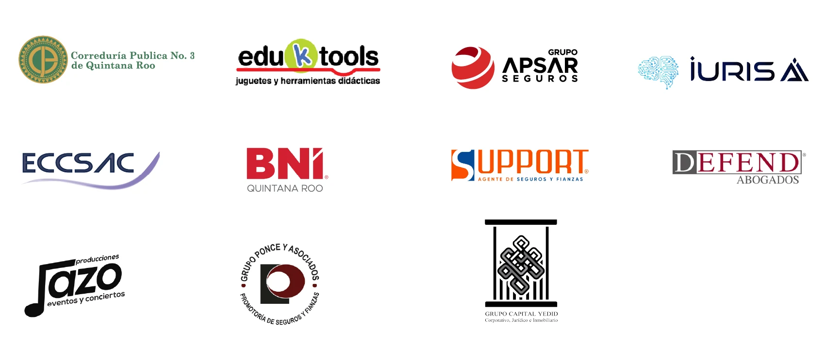 Logotipos de clientes de servicios profesionales de Iddeas Creative Mkt: Correduría Pública No. 3 de Quintana Roo, Edukztools, Grupo APSAR Seguros, Iuris, ECCSAC, BNI Quintana Roo, Support Agente de Seguros y Fianzas, Defend Abogados, Producciones Jazo, Grupo Ponce y Asociados y Grupo Capital Yedid