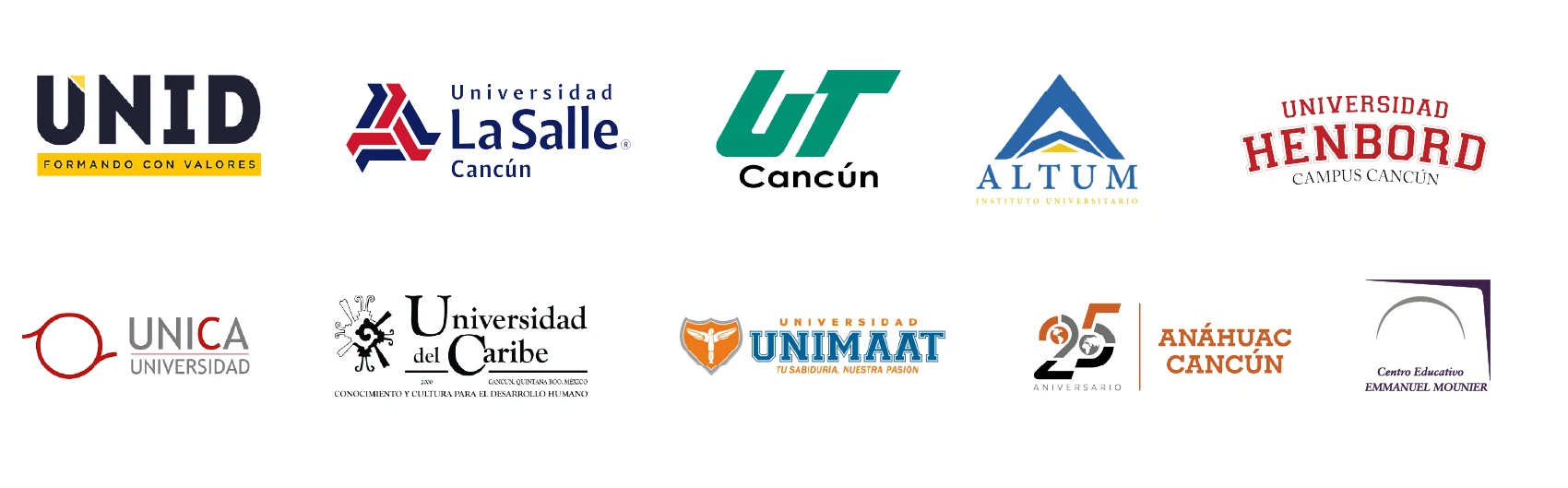 Logotipos de universidades e instituciones educativas clientes de Iddeas Creative Mkt: UNID, Universidad La Salle Cancún, UT Cancún, Altum, Universidad Henbord, UNICA, Universidad del Caribe, UNIMAAT, Anáhuac Cancún y Centro Educativo Emmanuel Mounier