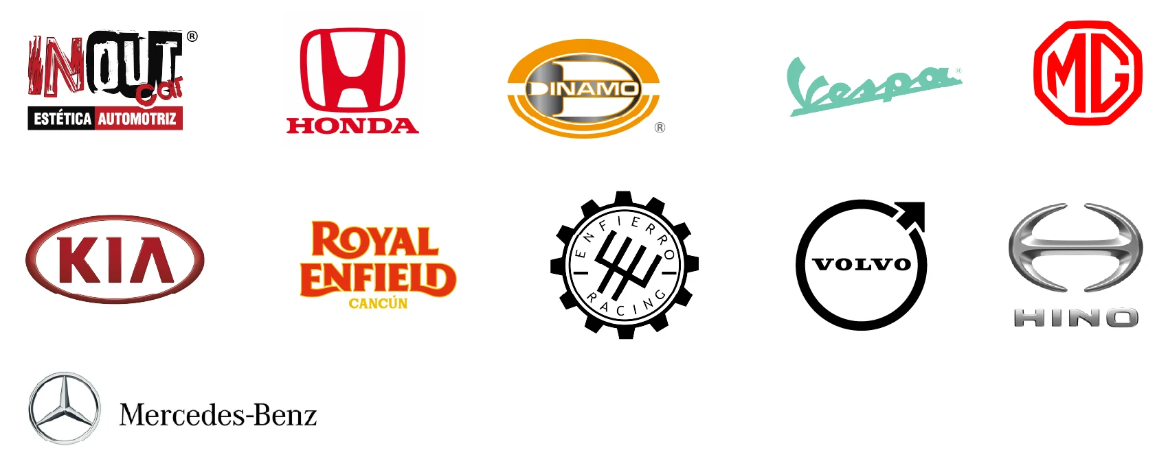 Logotipos de clientes del sector automotriz de Iddeas Creative Mkt: Inout Car, Honda, Dinamo, Vespa, MG, Kia, Royal Enfield Cancún, Enfierro Racing, Volvo, Hino y Mercedes-Benz