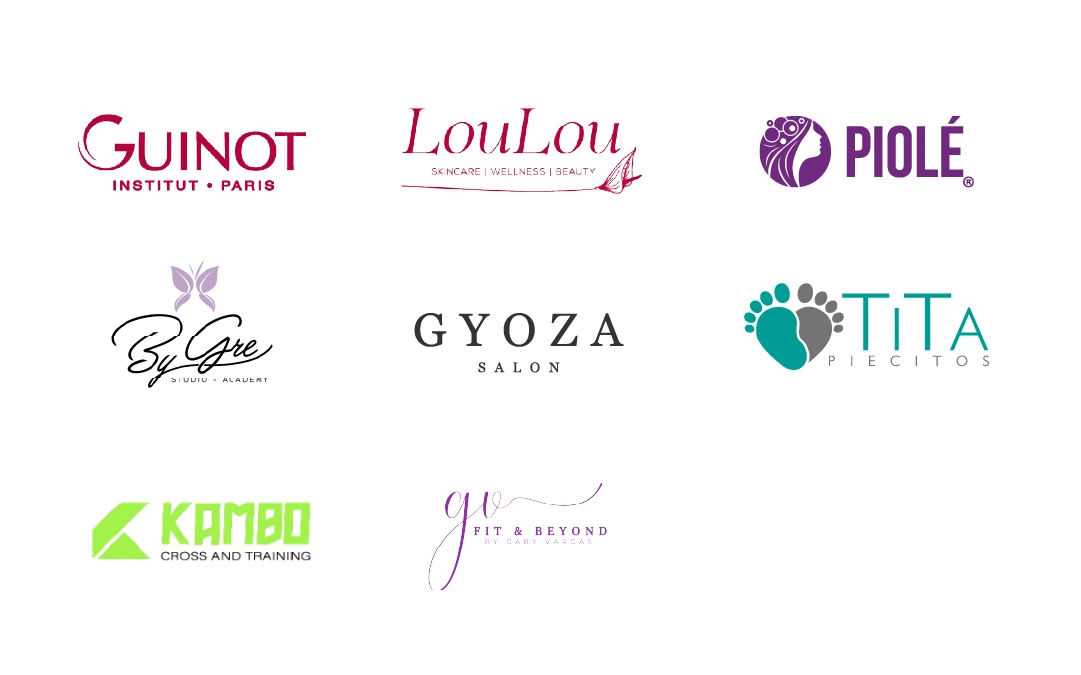 Logotipos de clientes de wellness y bienestar de Iddeas Creative Mkt: Guinot Institut Paris, LouLou Skincare, Piolé, By Gre Studio Academy, Gyoza Salon, Tita Piecitos, Kambo Cross and Training y GV Fit & Beyond