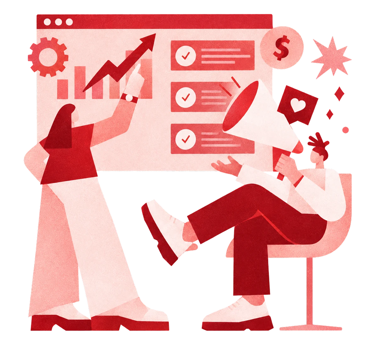 Ilustración de equipo de marketing presentando crecimiento de resultados y campañas con megáfono