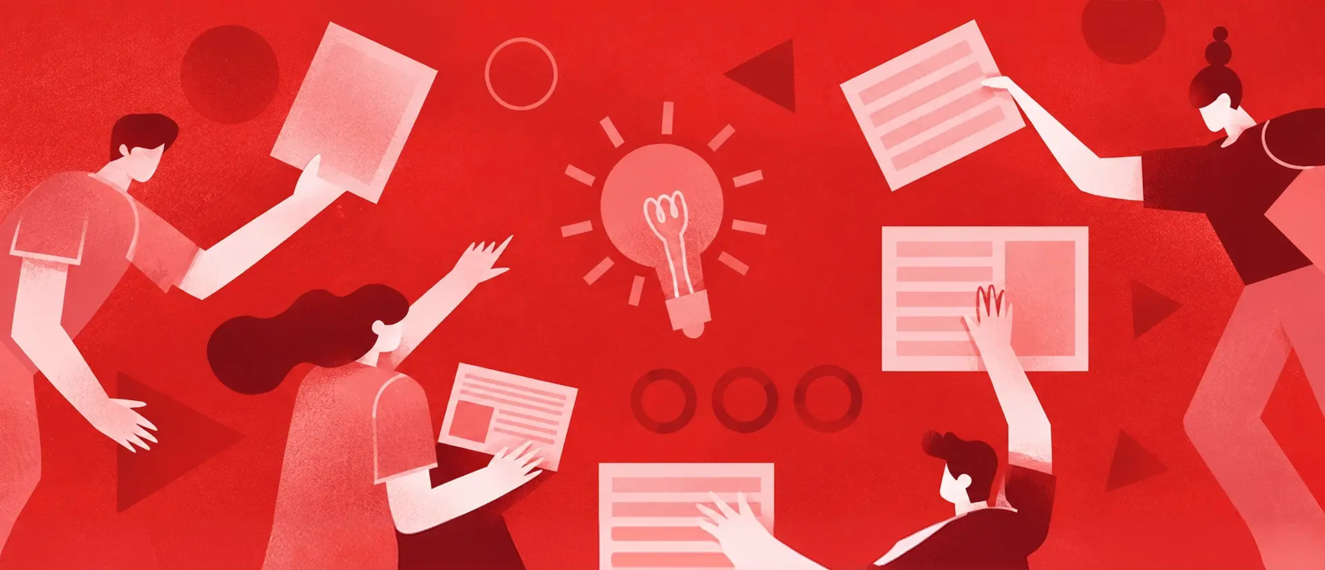 Ilustración de equipo creativo colaborando alrededor de una idea