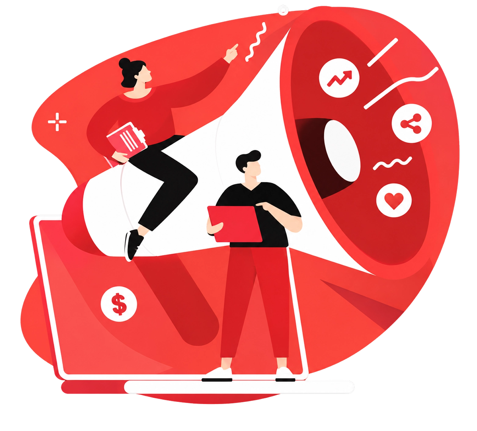 Ilustración de un megáfono con personas presentando resultados de marketing